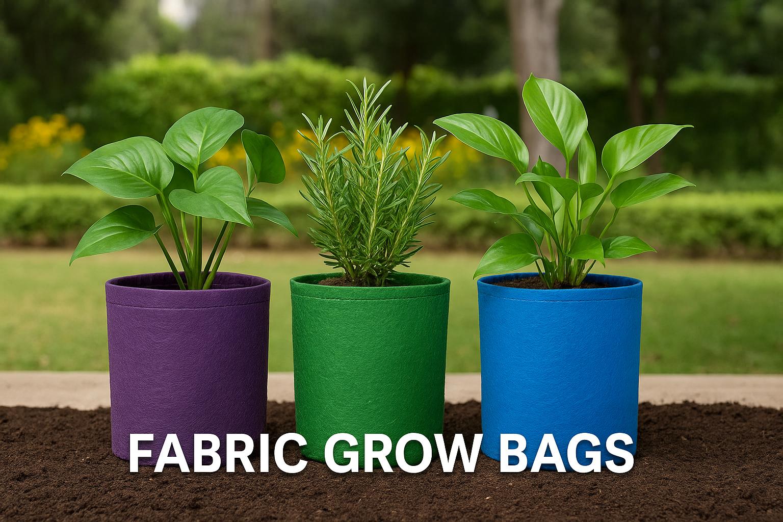 Three eco-conscious fabric grow bags filled with healthy vegetable plants, placed in a garden setting to highlight breathable and reusable gardening containers. ​